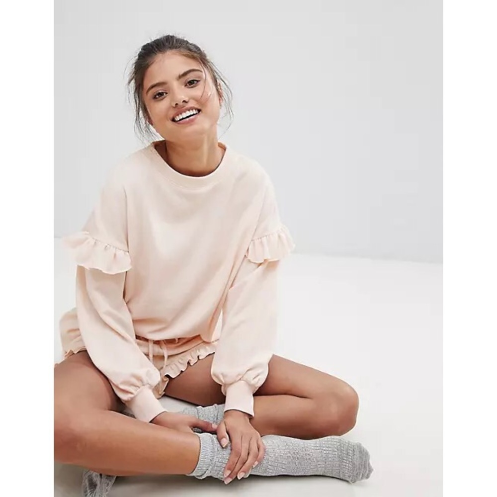 ASOS Hunkemoller Pink Simplicity Lounge Ruffle Sweater & Matching Ruffle Shorts
